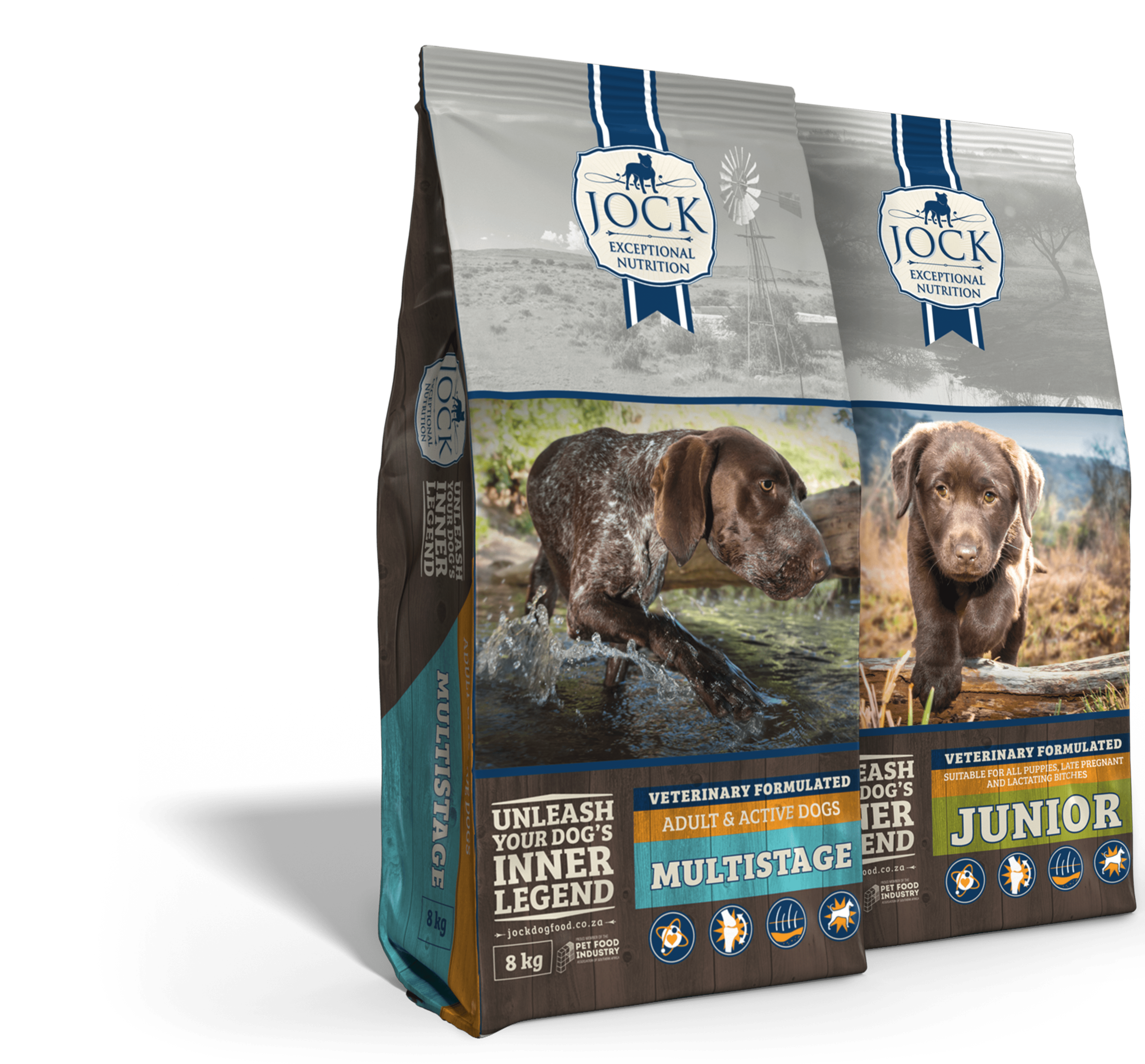 2019 JOCK MS&J 8kg Bags at an angle (1) JOCK Dog Food